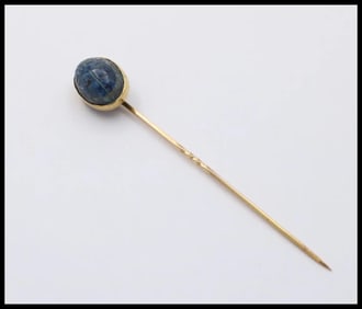 Antique 14K Yellow Gold Egyptian Revival Scarab Sodalite Stick Pin, Lapel Pin, Hat Pin