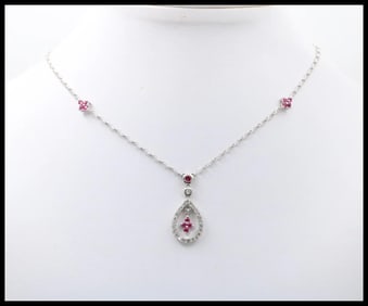 Elegant 18K White Gold TearDrop Diamond & Ruby Pendant Necklace