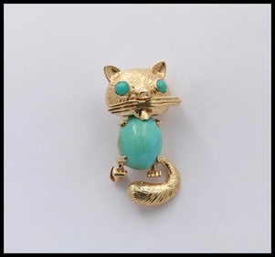 Vintage 14K Yellow Gold Turquoise Kitty Cat Brooch, Pin