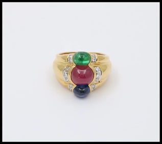 Funky Vintage 18K Yellow Gold Cabochon Ruby, Sapphire & Emerald Ring, Estate Ring.