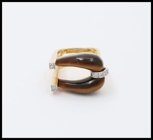 Modern Vintage 14K Yellow Gold Geometric Tiger Eye & Diamond Ring.