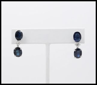 Elegant Blue Sapphires Diamonds 18K White Gold Dangle Earrings