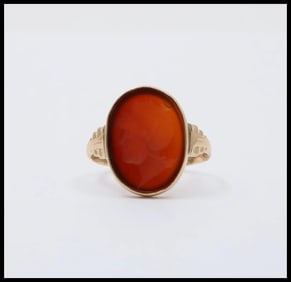 Art Deco Carved Carnelian 14K Yellow Gold Ring