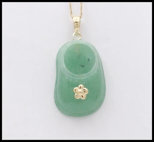 Vintage Translucent Green Jade Shoe Pendant 14K Yellow Gold