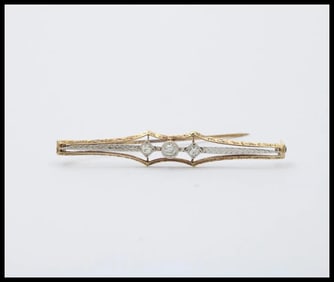 Antique Art Deco 14K Two Tone Gold Old Mine Cut Diamond Bar Pin.