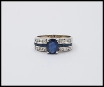 Classic 14K White Gold Sapphire and Diamond Ring Band, Engagement Ring.