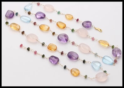 Colorful 14K Yellow Gold Beaded Multi Color Gemstone Necklace.