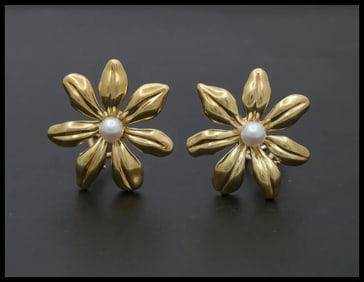 Tiffany & Co.. Flower 18K Yellow Gold Pearl French Clip Earrings