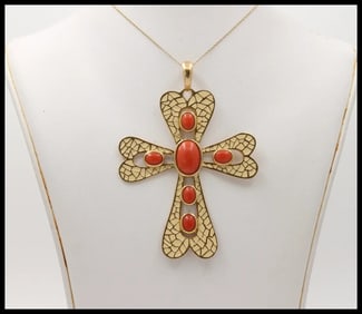 Vintage Italian Large 18K Yellow Gold Coral White Enamel Cross Pendant, Necklace