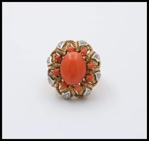 Vintage Statement Cocktail Coral Rose Cut Diamonds 18K YG WG Ring