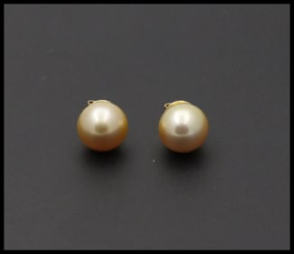 Vintage Classic 18K Yellow Gold Golden South Sea Pearl Studs Earrings