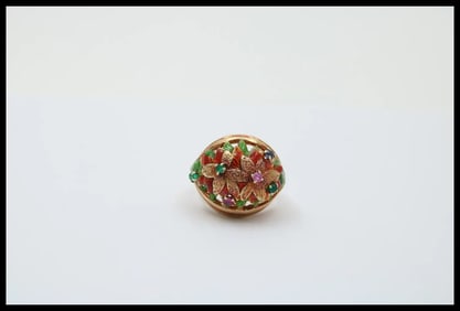 Vintage 14K Yellow Gold Pink Tourmaline, Green Chalcedony and Sapphire Dome Flower Enamel Ring.