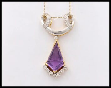 Vintage Geometric Amethyst Diamonds 18K Yellow Gold Platinum Pendant