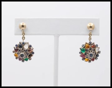 Vintage 14K Yellow Gold Multi- Color Gems Dangling Earrings