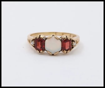 Vintage 10K Yellow Gold Opal, Garnet and Diamond Ring Band. Stacking Ring.
