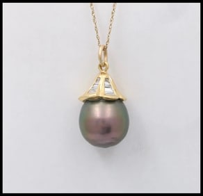 Vintage 18K Yellow Gold Baroque Black South Sea Pearl Diamond Pendant, June Birthstone.