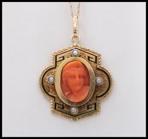 Victorian Coral Portrait Seed Pearls Enamel 14K Yellow Gold Pendant