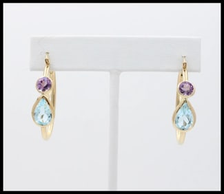 Minimalism 14K Yellow Gold Blue Topaz & Amethyst Huggie Earrings.