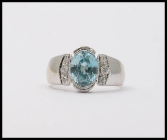 Vintage 14K White Gold Blue Zircon Diamond Ring, Cocktail Ring
