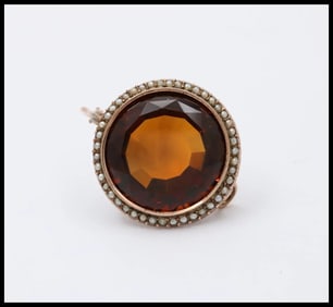 Vintage 14K Rose Gold Madeira Citrine Seed Pearl Halo Brooch.