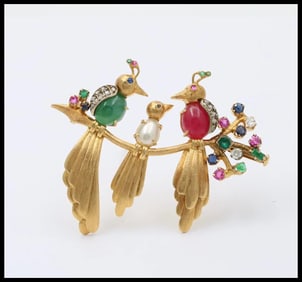 Birds of Paradise Emeralds Rubies Diamonds 18K YG Brooch