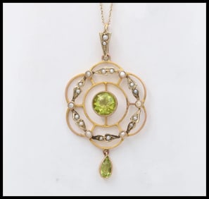 Art Nouveau Peridot Seed Pearls 9 Carat Pendant