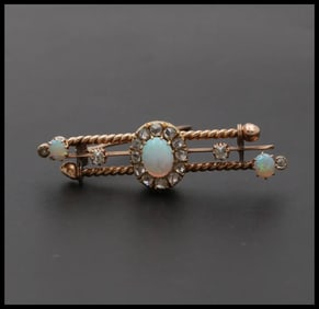 Victorian Opals Diamonds 14K Rose Gold Brooch Pin