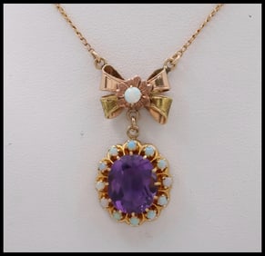 Vintage Bow Amethyst Opals 10K Yellow Gold Pendant and Chain