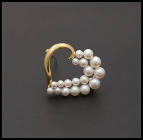 Mikimoto Heart 18K Yellow Gold Akoya Pearls Brooch Pin