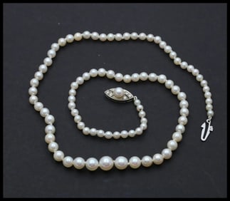 Art Deco Akoya Pearls Diamonds 14K White Gold Necklace