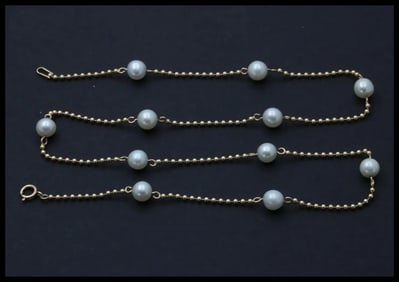 Vintage 14K Yellow Gold Pearl Dog Tag Chain Necklace, June Birth Stone.