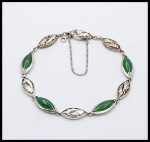 Vintage Green Jade 14K White Gold Bracelet