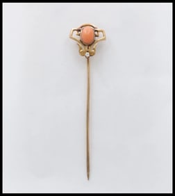 Art Nouveau Coral Diamond 14K Rose Gold Stick Pin