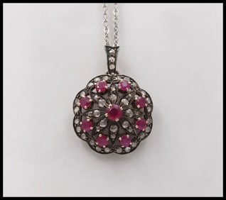 Victorian Rubies Diamonds 14K Rose Gold Silver Pendant