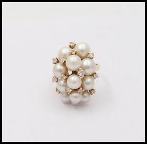 Vintage Pearls Diamonds 14K Yellow Gold Cluster Ring