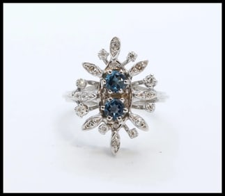 Vintage Flower London Blue Topaz Diamonds 14K White Gold Ring