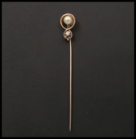 Victorian Diamond Pearl 14K Yellow Gold Stick Pin