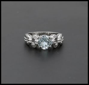 Vintage 14K White Gold Aquamarine Diamond Ring Band, Engagement Ring.