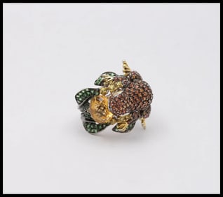 Vintage Frog Sapphires Citrine Tsavorite Diamonds 14K White Yellow Gold Ring