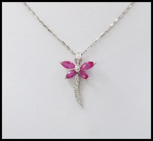 Sweet 14K White Gold Ruby Diamond Dragonfly Pendant Necklace