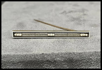 Antique Art Deco 14K Yellow Gold White & Black Enamel Seed Pearl Bar Pin Brooch
