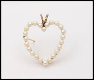 Vintage Heart 14K Yellow Gold Pearls Brooch Pendant