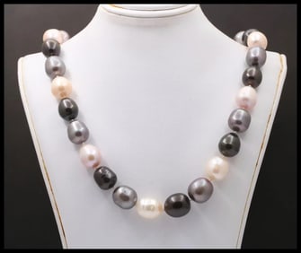 Vintage 14K White Gold Beaded Tahitian Baroque Multicolor Pearl Necklace, June Birthstone.