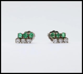 Vintage 14K White Gold Diamond & Emerald Cluster Studs Earrings, Push Back Earrings