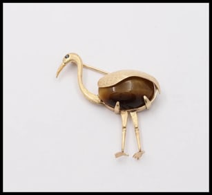 Vintage 14K Yellow Gold Tiger Eye Crane Bird Brooch, Estate Pin.