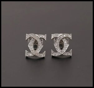 Classic Double CC 14K White Gold Diamond Push Back Earrings