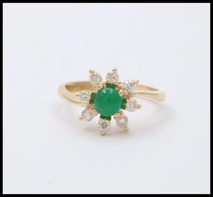 Vintage 14K Yellow Gold Emerald and Diamond Floral Ring, Engagement Ring