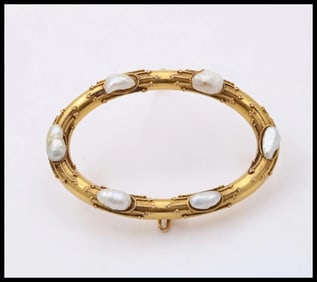 Victorian Etruscan Revival 14K Yellow Gold Baroque Pearl Oval Brooch Pin