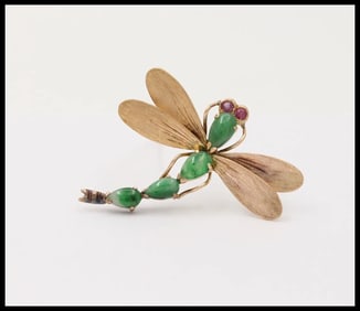 Vintage Dragonfly Jade Tourmalines 14K Yellow Gold Brooch Pin