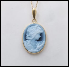 Vintage 14K Yellow Gold Blue Agate Cameo Womanâ€™s Portrait Pendant, Necklace.
